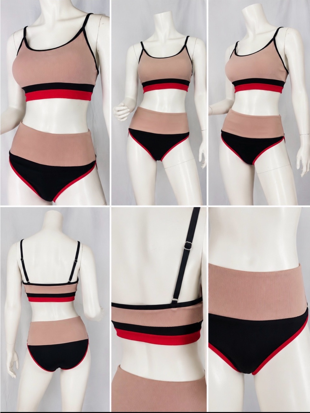 Colorblock Bikini Set - Nude, Black & Red